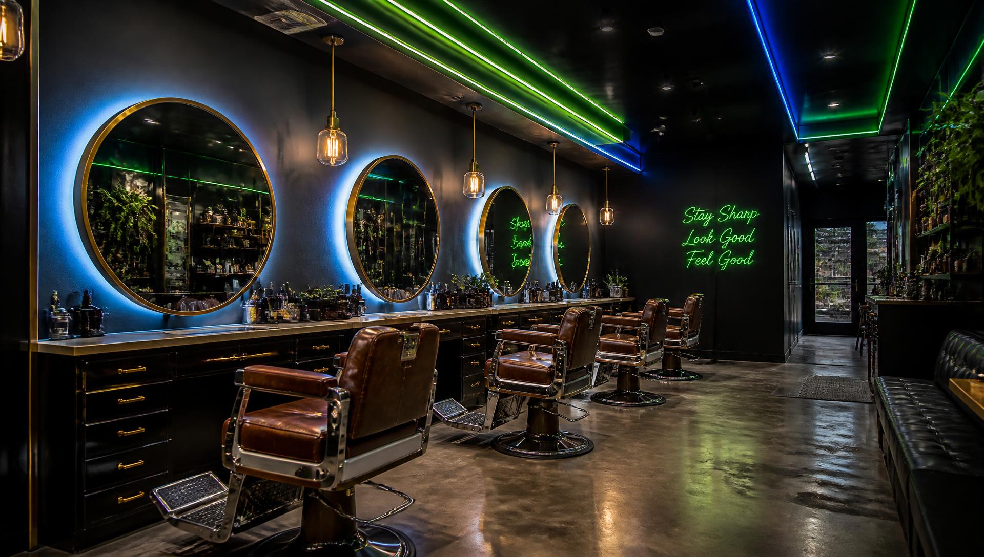Big Bros Barbershop interior with neon green and blue lighting